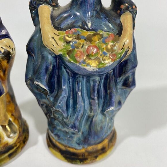 Vtg Staffordshire Man & Woman Majolica art Pottery Figurine Pair cottagecore - Picture 11 of 15
